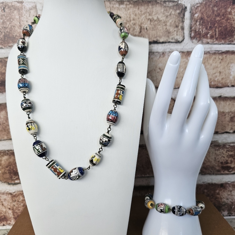 SOLD Vintage Hand Painted Ceramic Bead Necklace & Bracelet Set Southwest Pueblo
